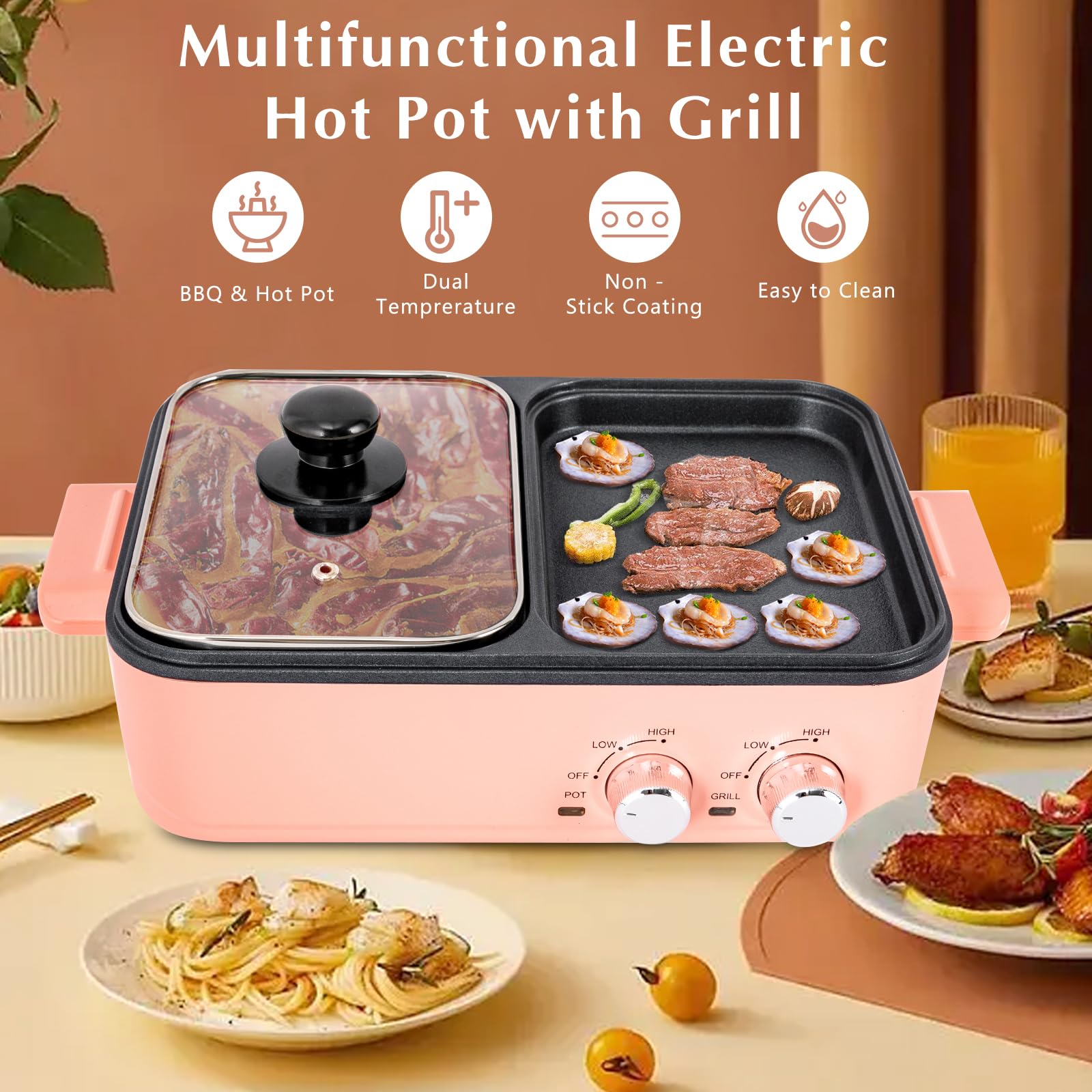 Hot Pot Electric with Grill, 2 in1 Indoor Non-Stick Shabu Shabu Pot & Frying Pan, Portable Mini Hot Pot for Fry, Noodles, Steak, Korean BBQ - Non Stick - Individual Dual Temperature Control (Pink)