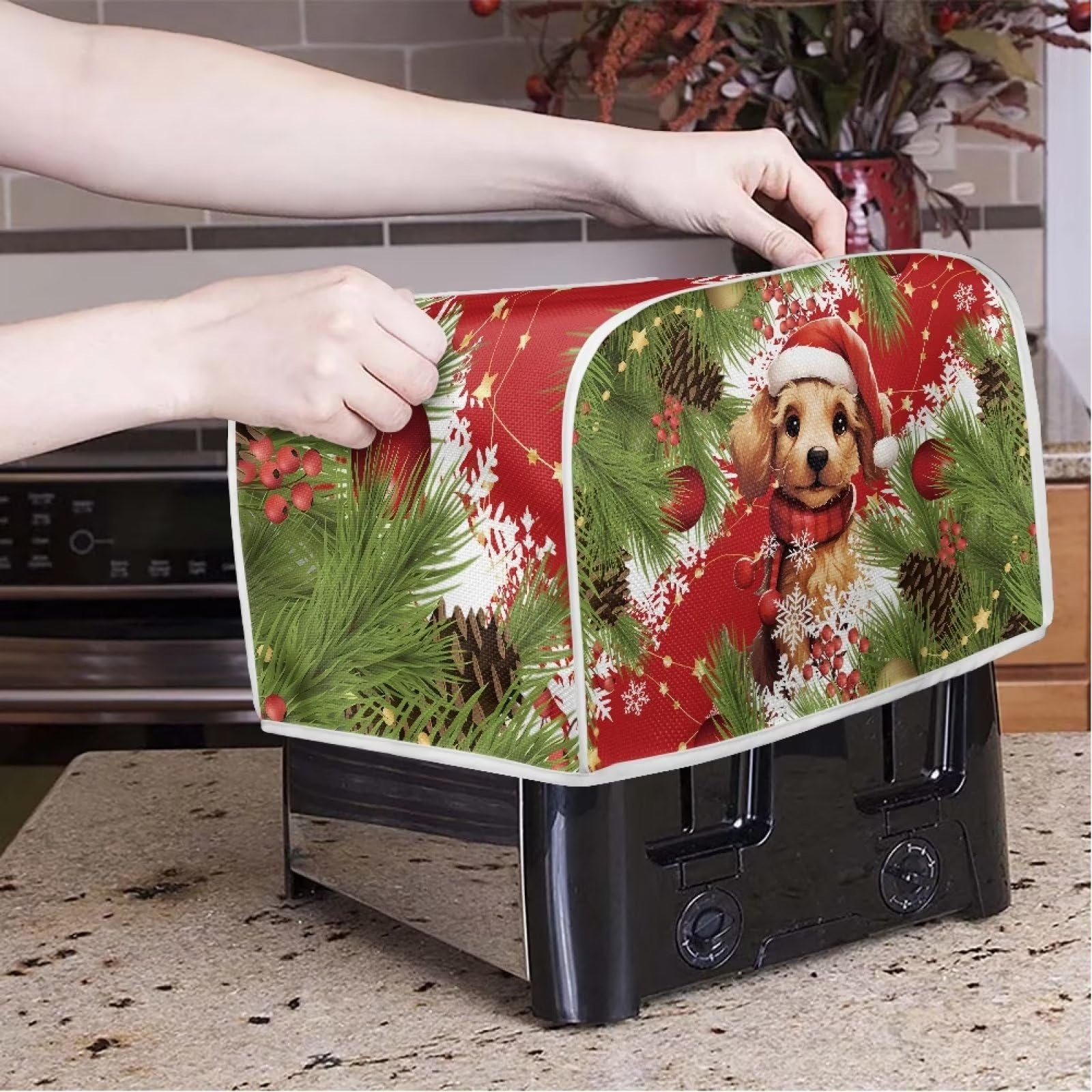 Psesaysky Dog Tree Christmas Toaster Covers Bakeware Protector 4 Slice Dustproof Christmas Decor Kitchen Small Appliance Covers with Top Hook