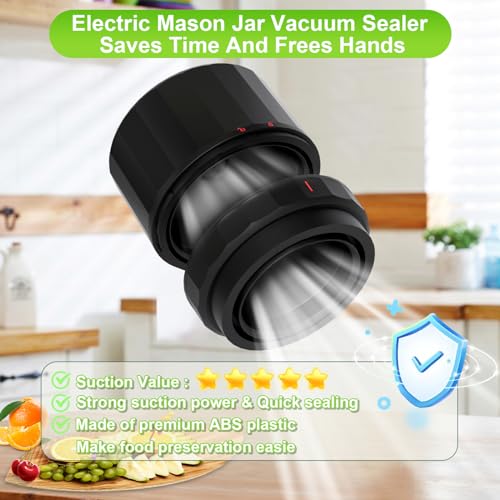 Electric Mason Jar Vacuum Sealer - Mason Jar Vacuum Sealer Kit with Wide Regular Mouth Mason lids - Canning Vacuum Sealer Mason Jar for Food Storage - Jar Vacuum Sealer for Mason Jars - Black 1…