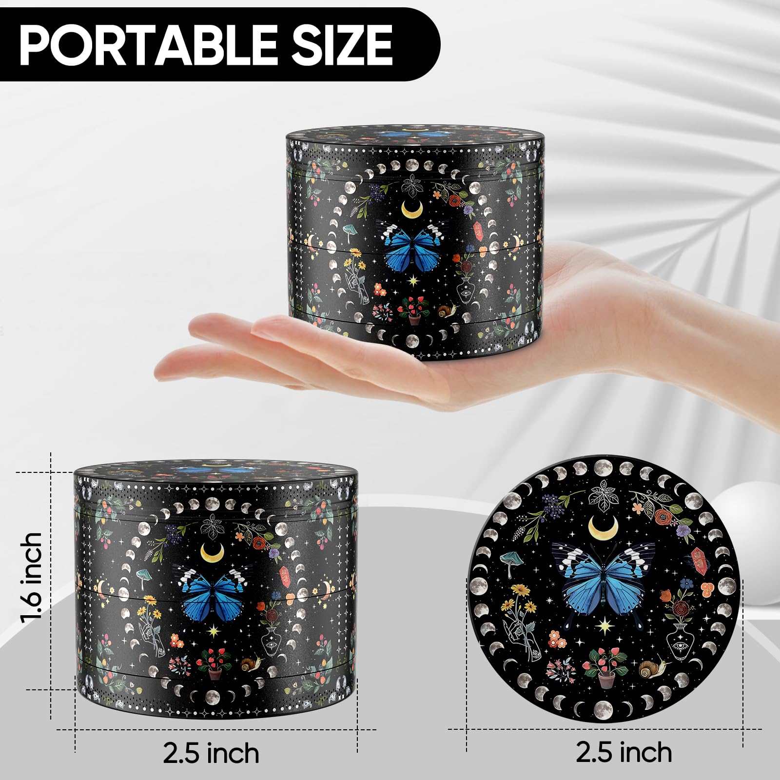 Spice Grinder 2.5 Inch Grinder, Boho Butterfly Grinder (Black, 2.5”)