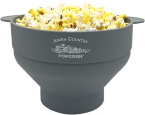 amish country popcorn | collapsible silicone microwave popper with customized acp logo | bpa and pvc free popcorn bowl with handles | dishwasher safe | includes 2-2 oz bags of kernels (grey)