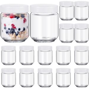 baderke 16 pcs clear glass jars with plastic lids for yogurt maker reusable glass mason jars glass canning yogurt container yogurt jars for greek yogurt machine jam spices herbs food storage (6 oz)