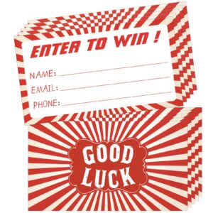 tomioziey 300 raffle tickets enter to win cards-3.5”x2” entry form cards for contest,ballot box,50/50,raffle drum with email address and phone number fields-red