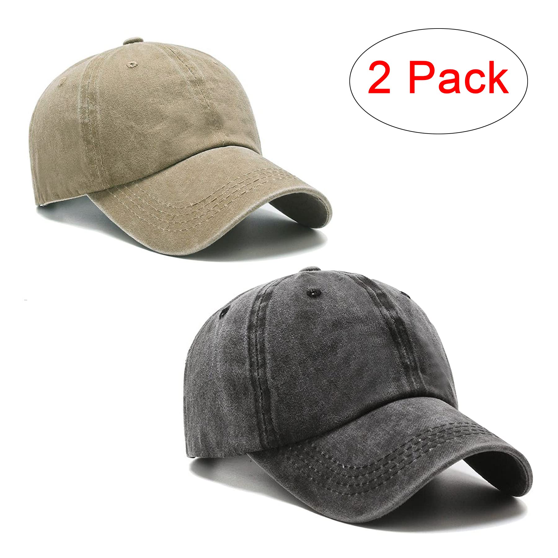 PFFY 2 Packs Vintage Washed Distressed Baseball Cap Dad Golf Hat Black+Khaki