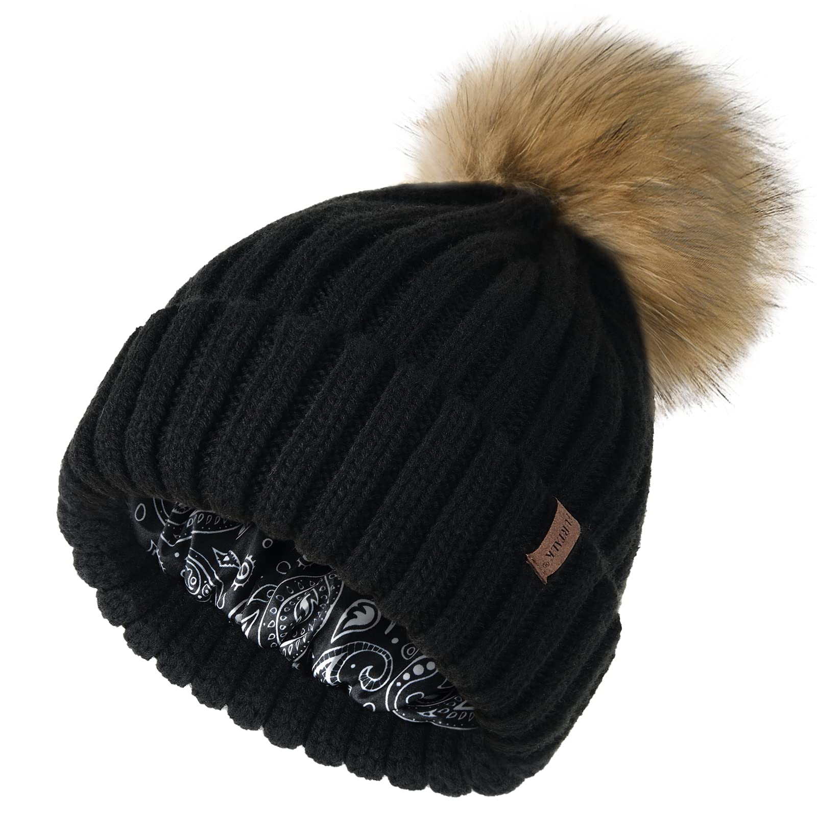 FURTALK Womens Beanie Satin Lined Knitted Beanie with Pom Winter Hat for Women Black