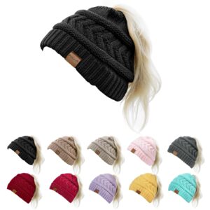 pukavt 1 pack winter hat ponytail beanie hat for women，soft stretch cable knit messy bun beeanie,trendy and warm black