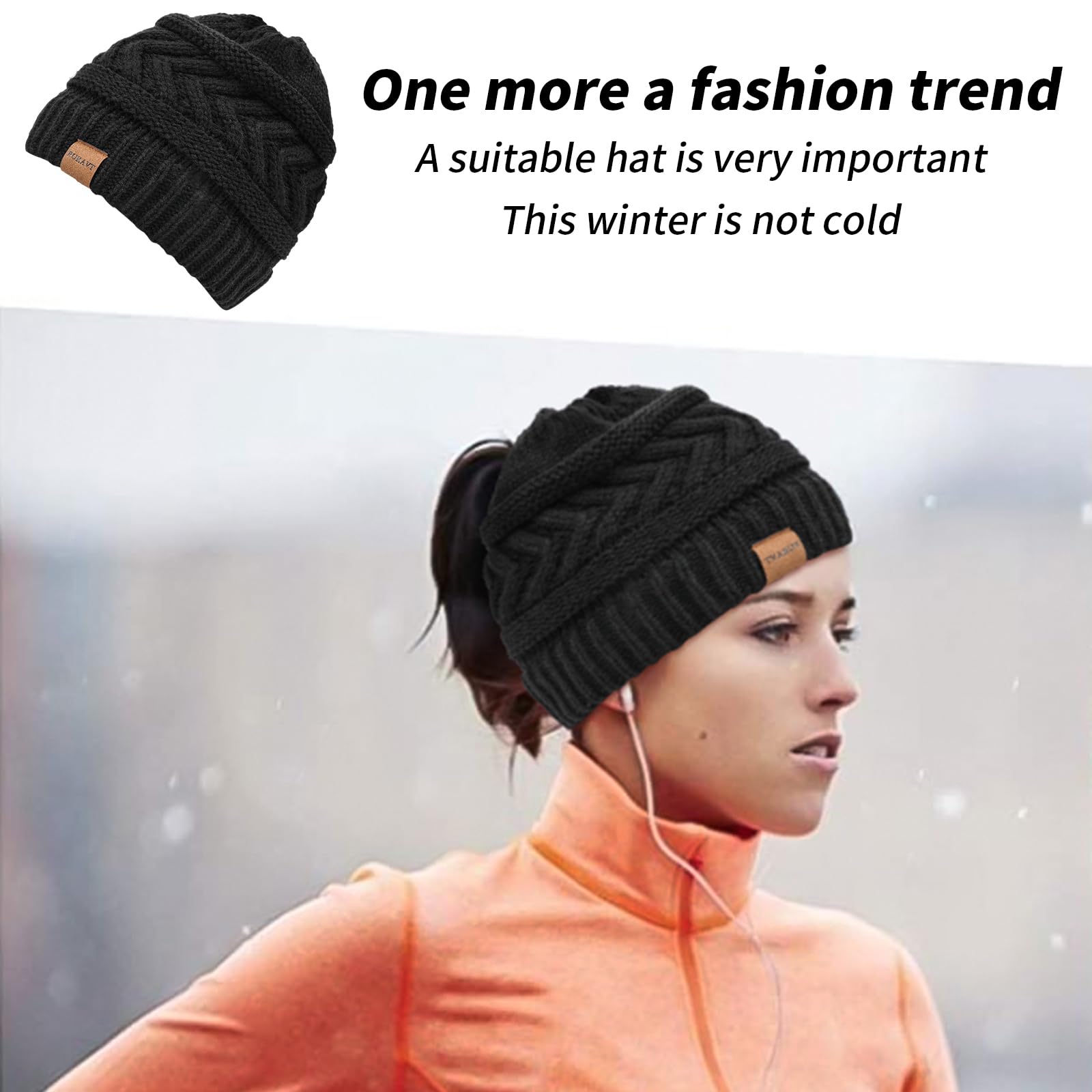 Pukavt 1 Pack Winter Hat Ponytail Beanie Hat for Women，Soft Stretch Cable Knit Messy Bun Beeanie,Trendy and Warm Black