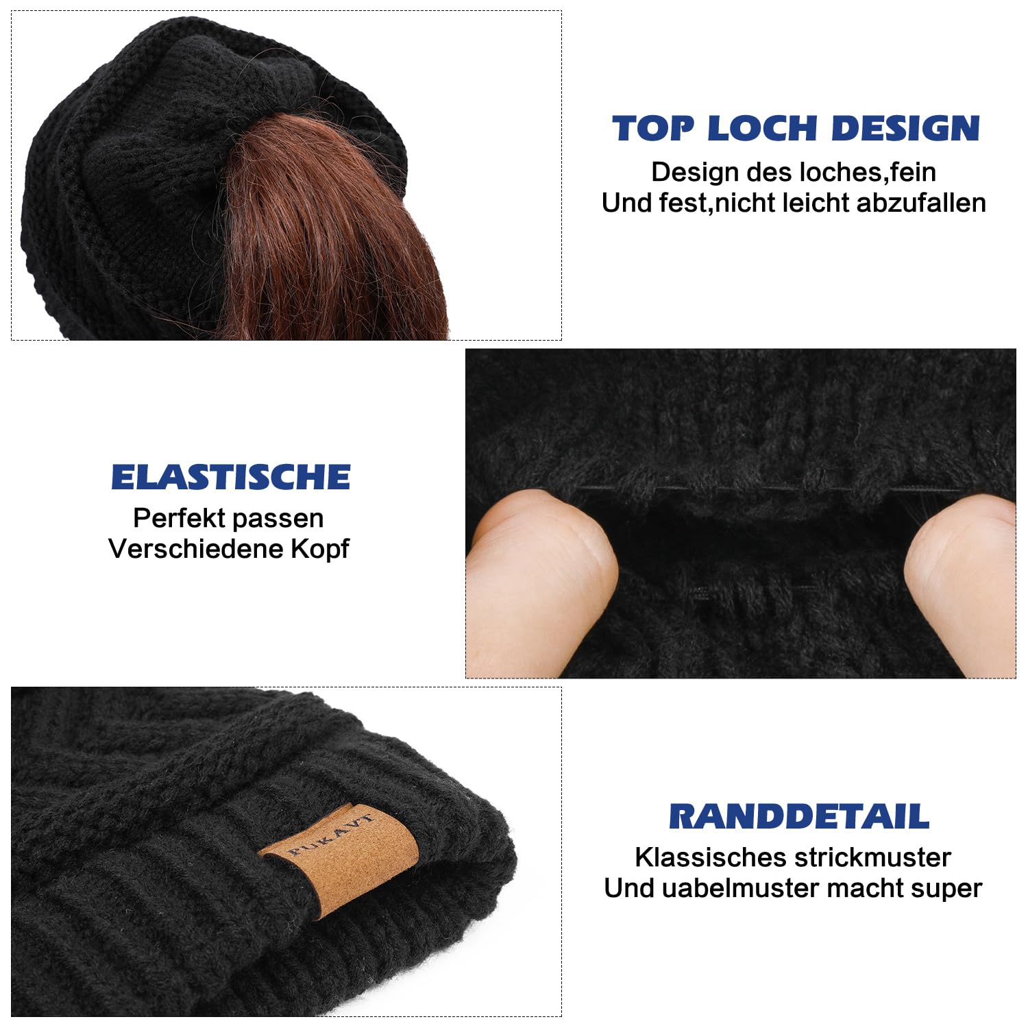 Pukavt 1 Pack Winter Hat Ponytail Beanie Hat for Women，Soft Stretch Cable Knit Messy Bun Beeanie,Trendy and Warm Black