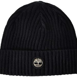 Timberland Men's Ribbed Watch Cap with Logo Plate, Black, One Size