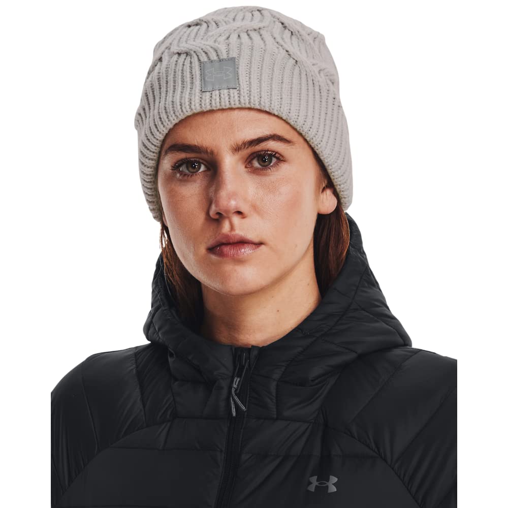 Under Armour womens Halftime Cable Knit Beanie , (592) Ghost Gray / Tin / Ghost Gray , One Size Fits All