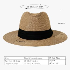 Lanzom Women Wide Brim Straw Panama Roll up Hat Fedora Beach Sun Hat UPF50+ (A-Square Belt Brown)