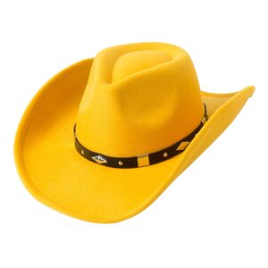 lanzom women men classic felt wide brim western cowboy cowgirl hat with belt buckle(yellow, medium)