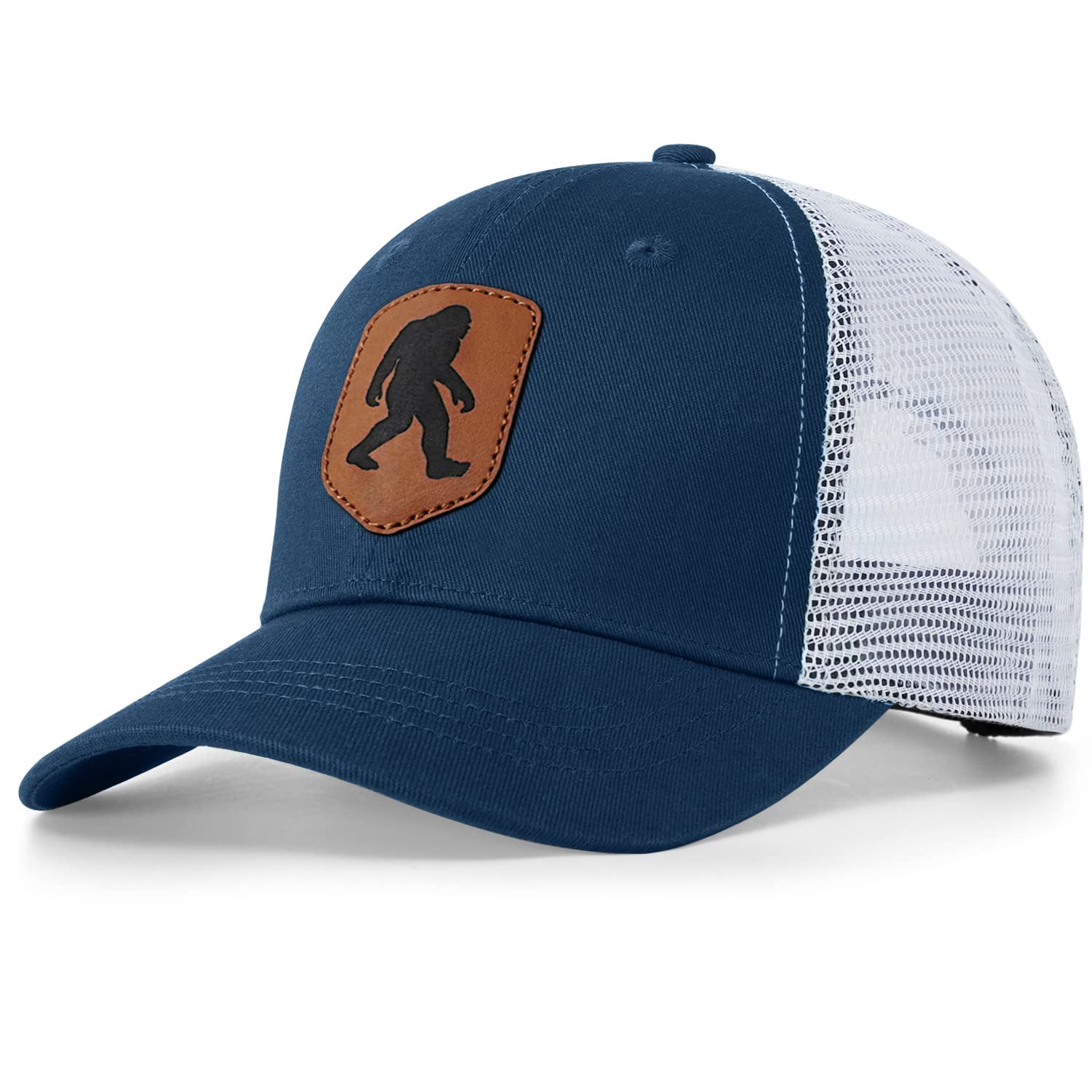 Pnkvnlo Mesh Bigfoot Hat Leather Cap for Men- Great Snapback Closure Sasquatch Hat for Hunting & Hiking-Leather-navy blue