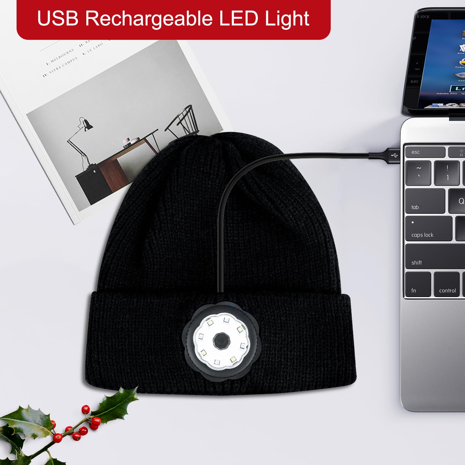 Riuog LED Beanie Hat with Light,USB Rechargeable Headlight Cap,Unisex Knit Lighted hat, for Outdoor Activities (Black 2 Pack)