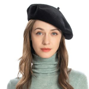 zlyc wool french beret hat solid color beret cap for women girls (black)