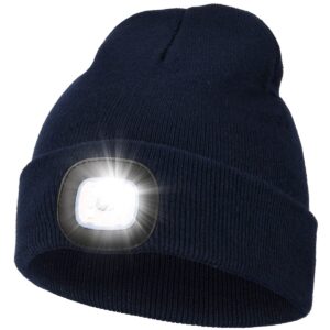 Unisex LED Beanie with Light, USB Rechargeable Hands Free LED Headlamp Hat, Knitted Night Light Beanie Cap Flashlight Hat, Men Gifts for Dad Father Husband (Navy Blue)