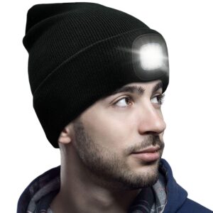 unisex beanie with light, usb rechargeable led headlamp beanie, gifts for dad father men husband warm knitted cap black