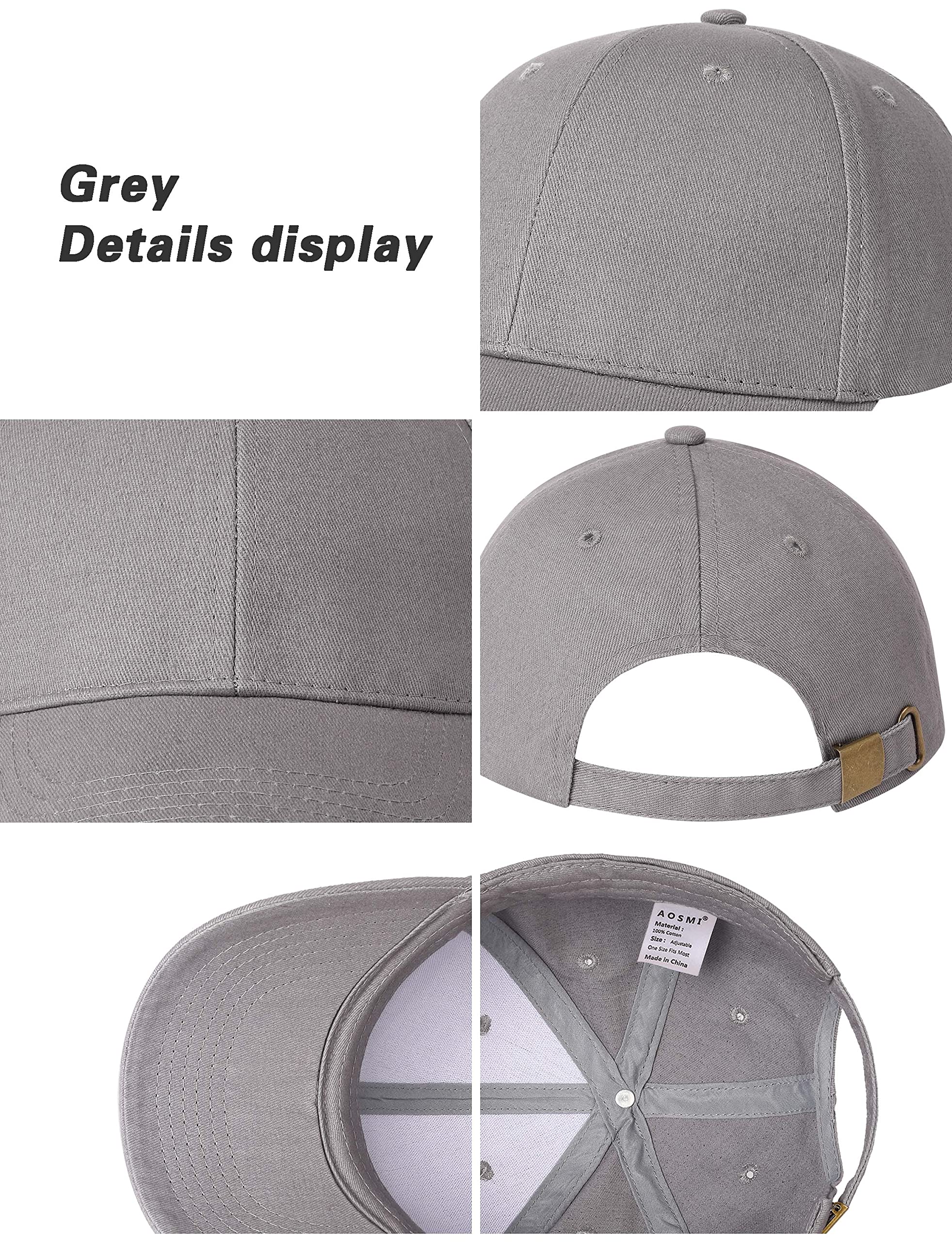 AOSMI 3 Packs Unisex Plain Cotton Strapback Baseball Hats Adjustable No-Logo Blank Clean Ball Caps for Men Women Outdoor Workout Black Grey Khaki