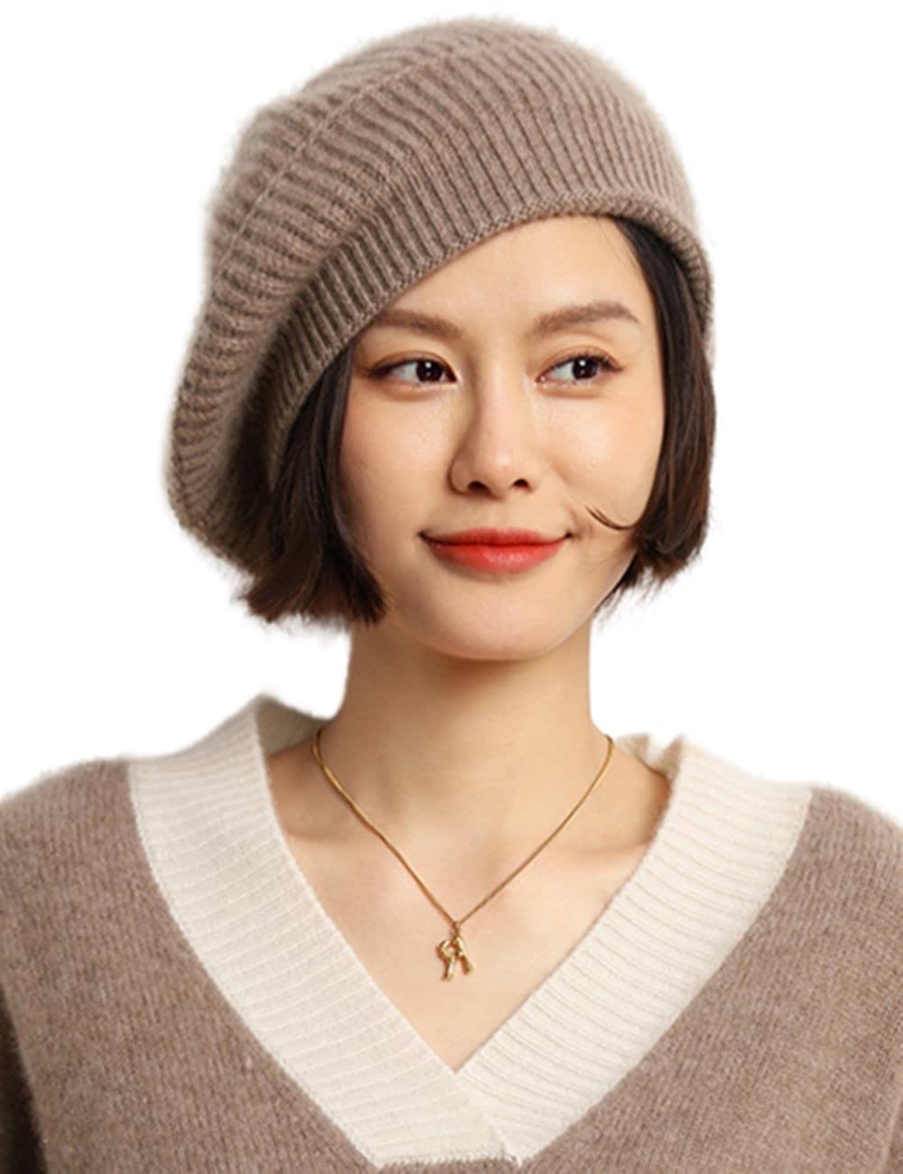 Ailaile Cashmere Berets Hats Women Winter Warm Merino Wool Knitted Oversized Beige Beanie