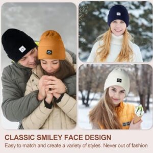 Winter Beanie Hats for Women Men 3Pack,Fleece Lined Womens Winter Hats with Smiley Face,Warm Cute Beanie for Cold Weather（Camel+Black+Black/White）