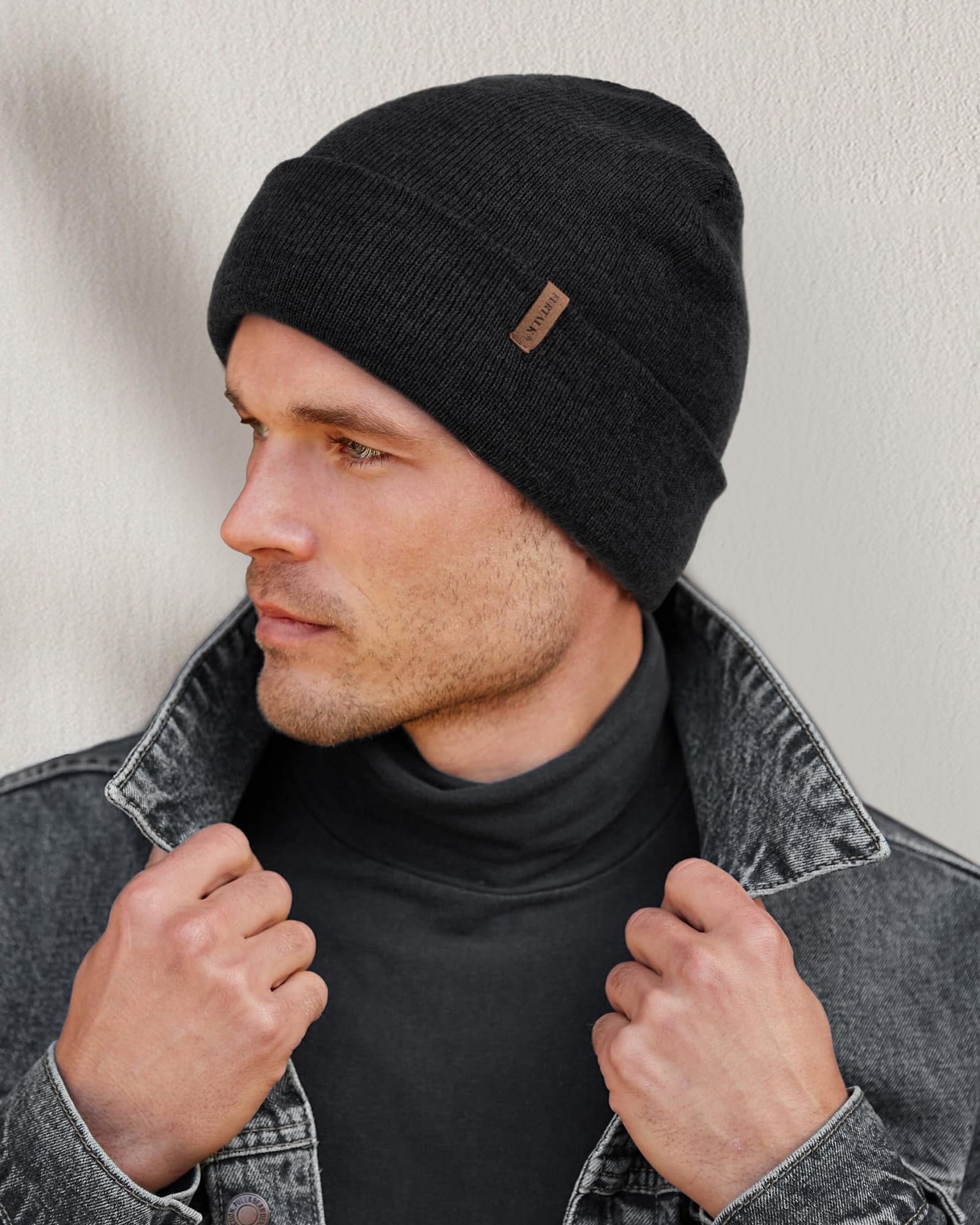 FURTALK Mens Beanie Fleece Lined Winter Hats Double Layered Stylish Knited Cuffed Plain Hat Dark Grey