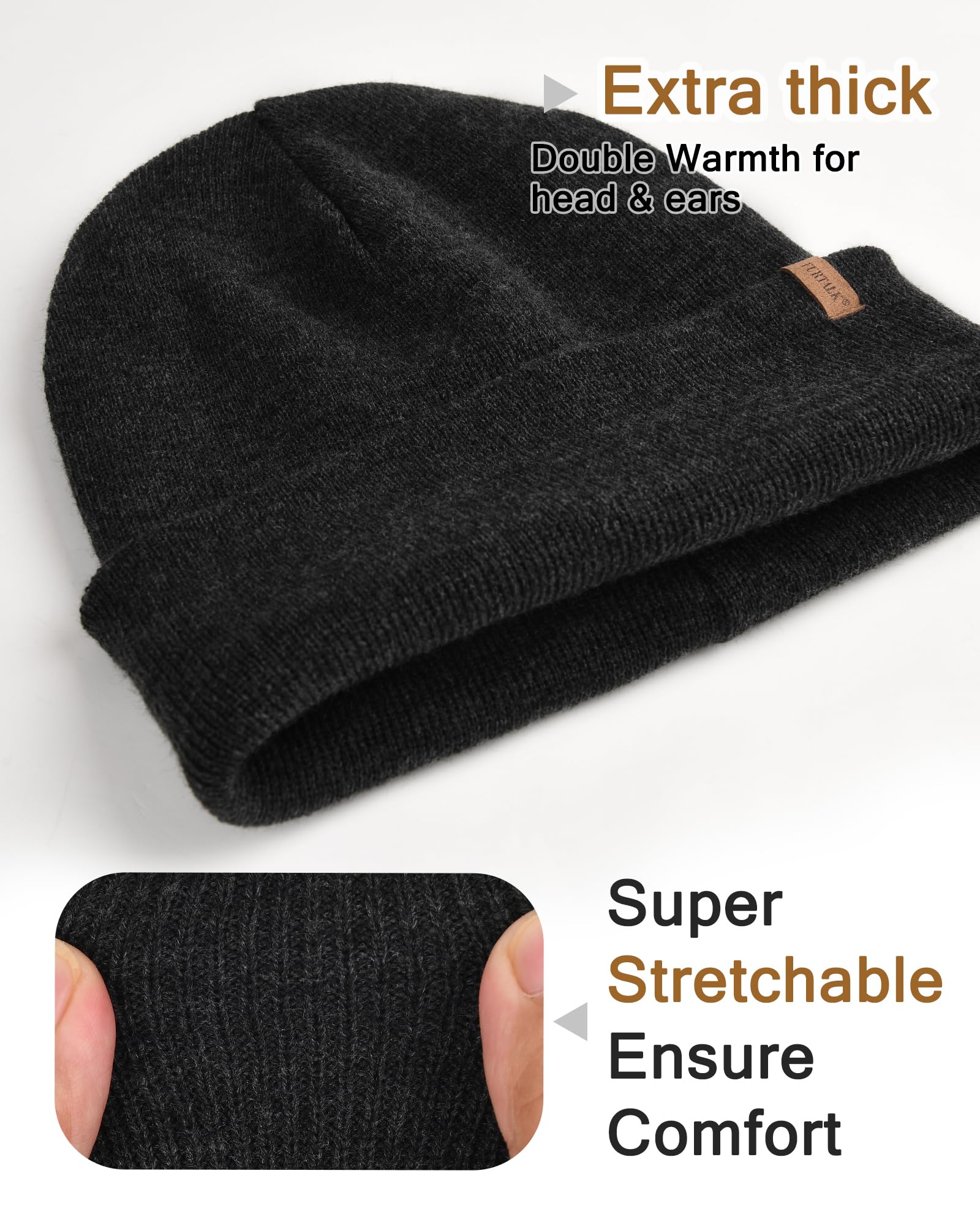 FURTALK Mens Beanie Fleece Lined Winter Hats Double Layered Stylish Knited Cuffed Plain Hat Dark Grey