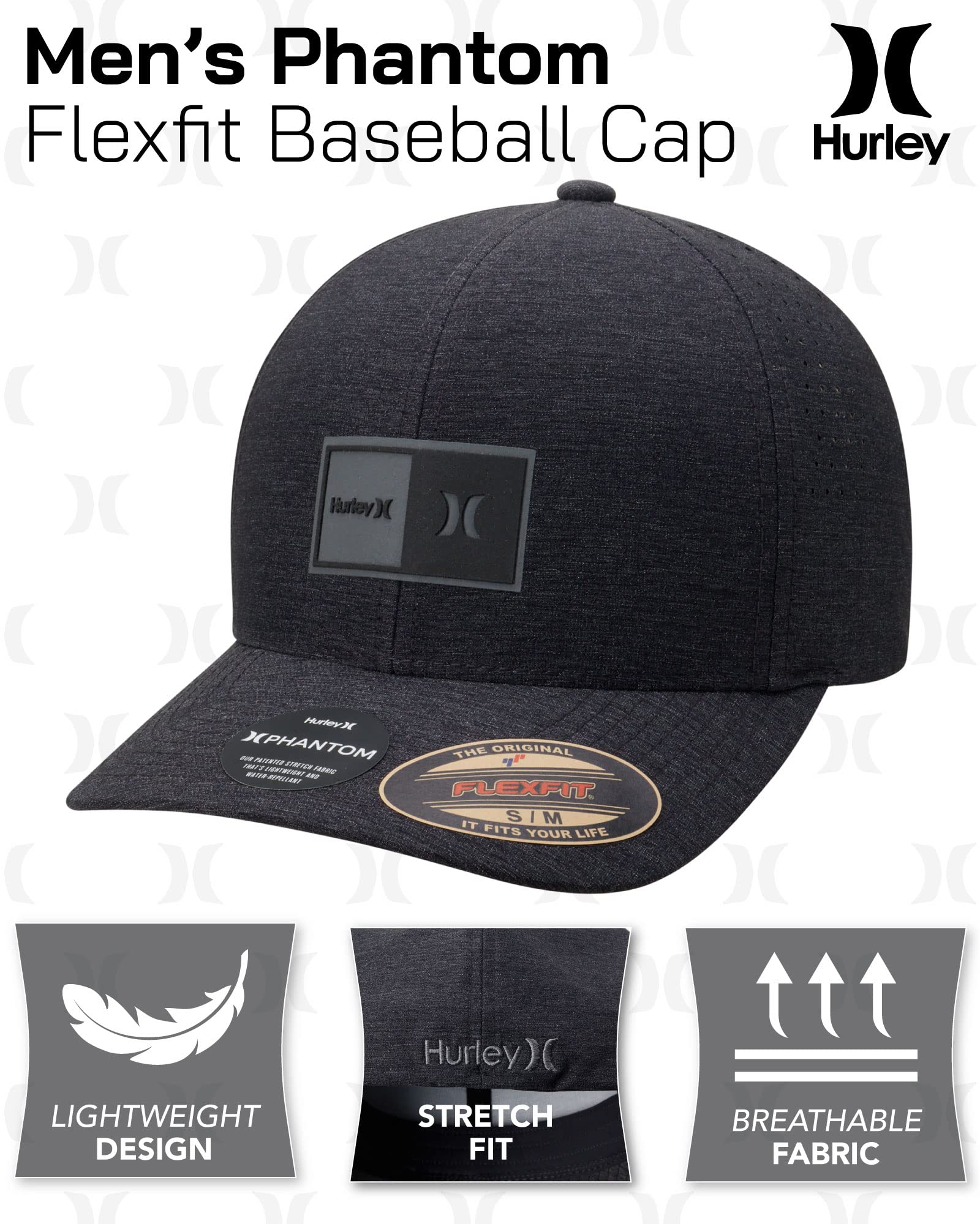 Hurley Men's Caps - Phantom Flexfit Baseball Cap - Fitted Hats for Men (S-XL), Size Large-X-Large, Black