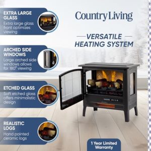 Country Living Infrared Freestanding Electric Fireplace Stove Heater in Cream | Provides Supplemental Zone Heat with Remote, Multiple Flame Colors, Metal Design with Faux Wooden Logs