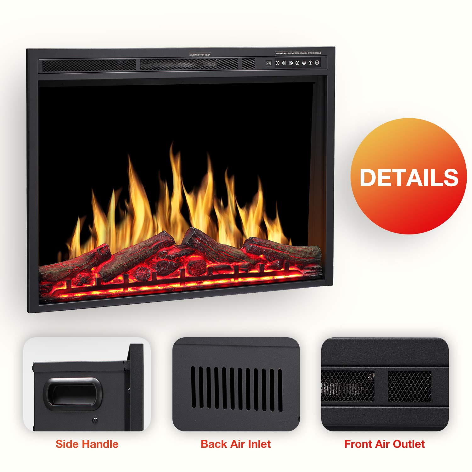 R.W.FLAME 34" Electric Fireplace Insert Adjuatble Flame Colors, Log Colors, Flame Speed and Brightness, Remote Control, 750W/1500W(34"x26")