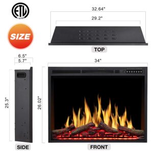 R.W.FLAME 34" Electric Fireplace Insert Adjuatble Flame Colors, Log Colors, Flame Speed and Brightness, Remote Control, 750W/1500W(34"x26")