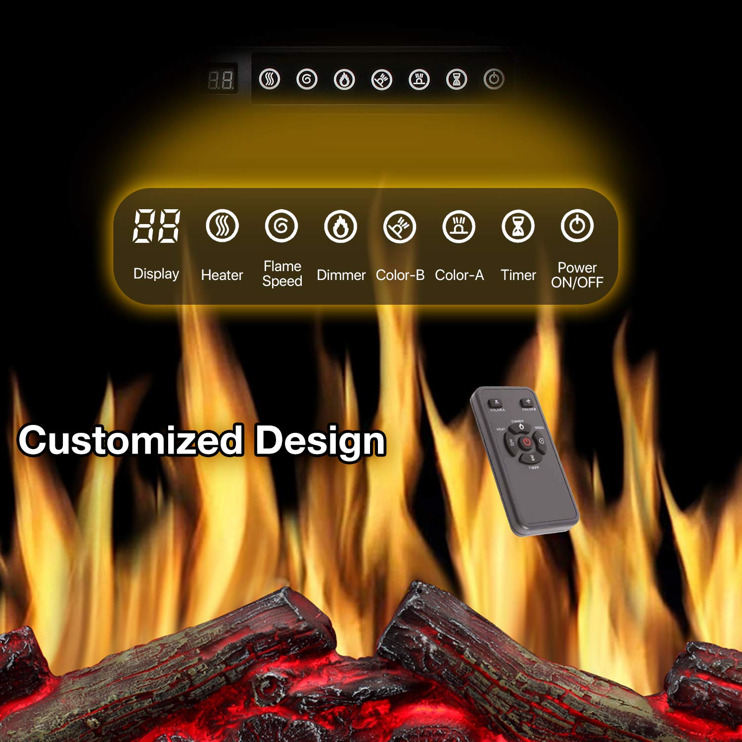 R.W.FLAME 34" Electric Fireplace Insert Adjuatble Flame Colors, Log Colors, Flame Speed and Brightness, Remote Control, 750W/1500W(34"x26")