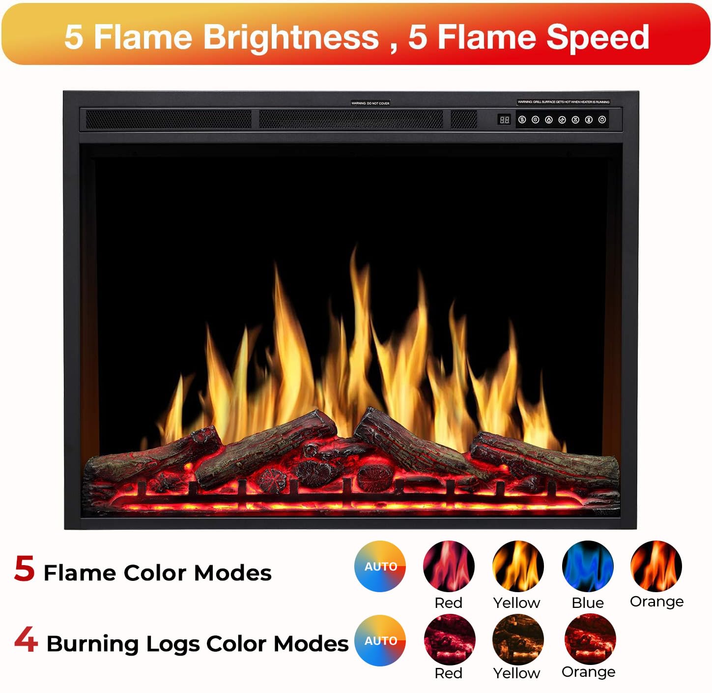 R.W.FLAME 34" Electric Fireplace Insert Adjuatble Flame Colors, Log Colors, Flame Speed and Brightness, Remote Control, 750W/1500W(34"x26")