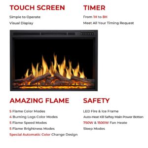 R.W.FLAME 34" Electric Fireplace Insert Adjuatble Flame Colors, Log Colors, Flame Speed and Brightness, Remote Control, 750W/1500W(34"x26")