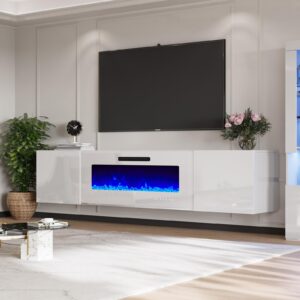 amerlife floating fireplace tv stand, wall mounted mirrored entertainment center with 40" electric fireplace, modern led lights media console for tvs up to 90", all white