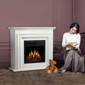 R.W.FLAME Electric Fireplace Mantel Wooden Surround Firebox, 36" White TV Stand with Freestanding Electric Fireplace, Remote Control, Adjustable Led Flame, 750W/1500w