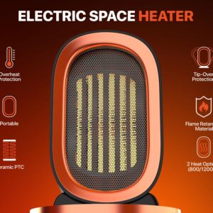 Ceramic Space Heater for Indoor Use, Overheat Protection, Tip-Over Protection, Low Noise Heating, Safe Electric PTC Portable Fan for Office Home Room, Black Smart Handy Warmer for Bedroom Desktop