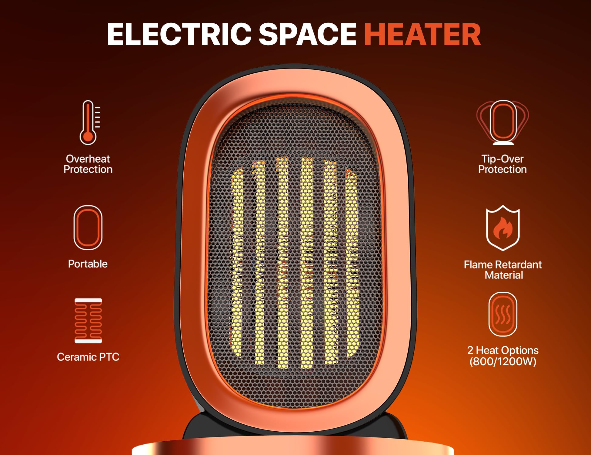 Ceramic Space Heater for Indoor Use, Overheat Protection, Tip-Over Protection, Low Noise Heating, Safe Electric PTC Portable Fan for Office Home Room, Black Smart Handy Warmer for Bedroom Desktop