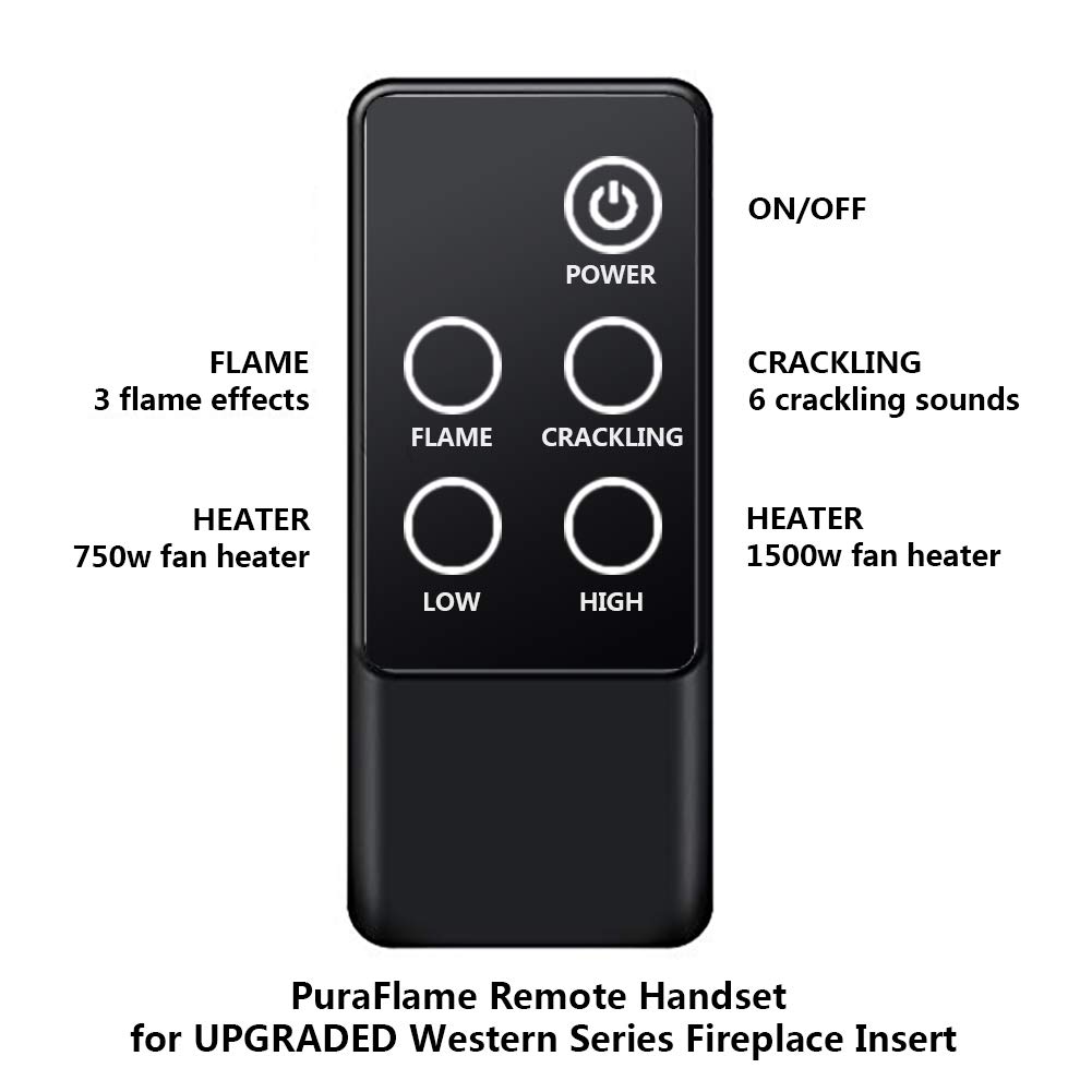 PuraFlame Western Electric Fireplace Insert with Fire Crackling Sound, Remote Control, 750/1500W, Black, 25 63/64 Inches Wide, 23 3/16 Inches High