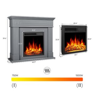 Electric Fireplace with Mantel, Tall Fire Place Heater Freestanding with Remote Control LED Flame for Living Room Bedroom, Gray