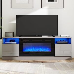 amerlife tv stand with fireplace, led light entertainment center with 36" electric fireplace, 70" modern wood entertainment stand with highlight storage cabinet for tvs up to 80", grey