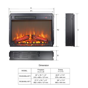 UPYOOE Electric Fireplace Inserts 26 inch, Electric Fireplace Heater with Realistic Resin Log, LED Fireplace Insert for TV Stand, Fireplace Cabinet, Free Standing,1400W, 5000BTU