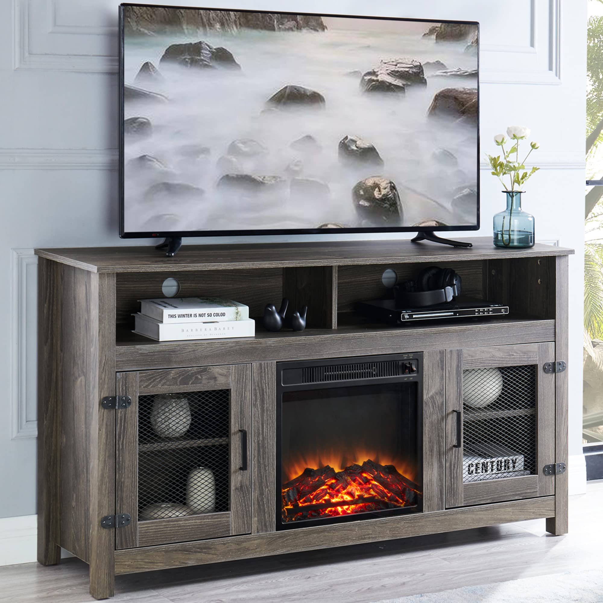 TV Stand with Electric Fireplace Modern Farmhouse, Fit up to 65" Flat Screen TV with Storage Cabinet and Adjustable Shelves Industrial Entertainment Center for Living Room, Grey