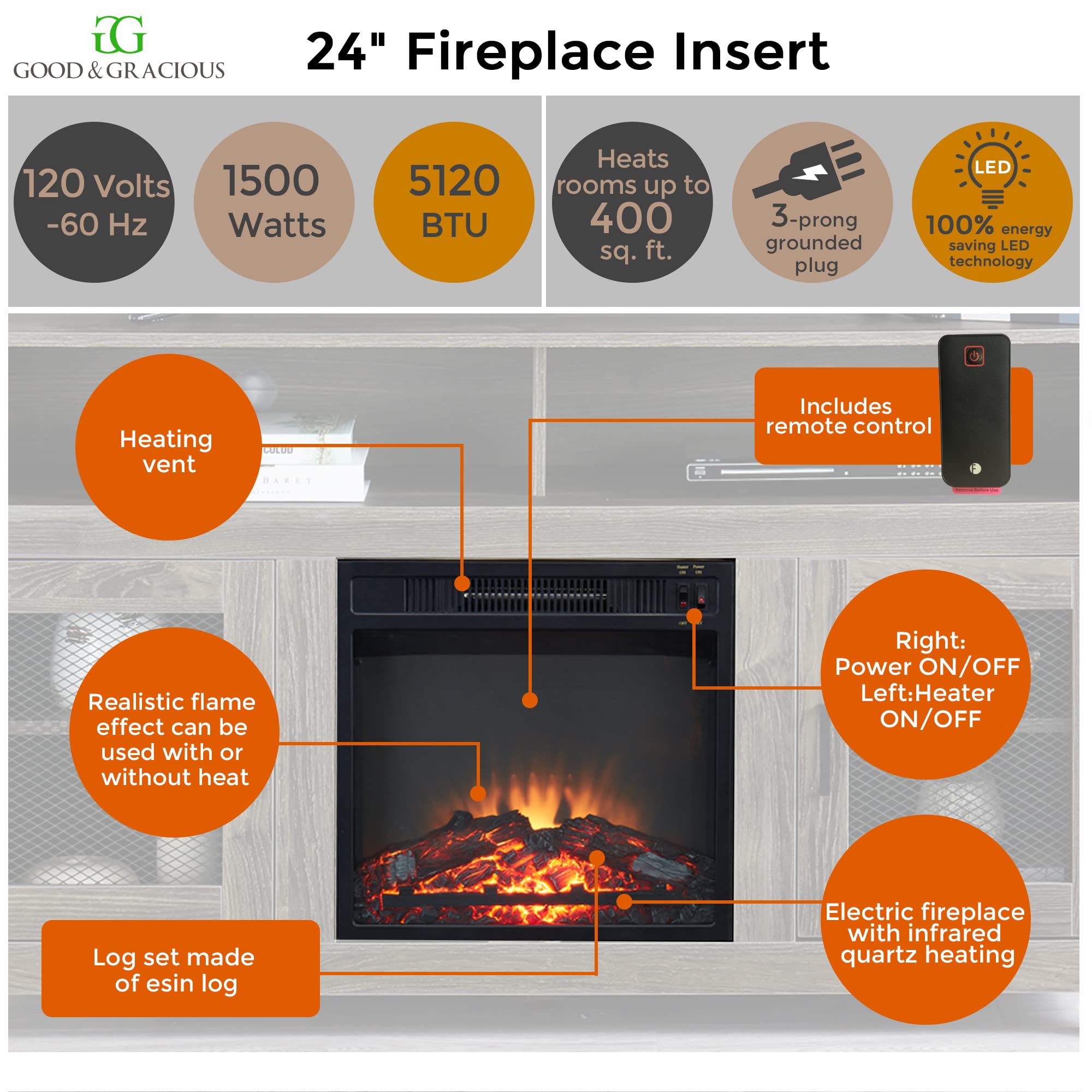 TV Stand with Electric Fireplace Modern Farmhouse, Fit up to 65" Flat Screen TV with Storage Cabinet and Adjustable Shelves Industrial Entertainment Center for Living Room, Grey