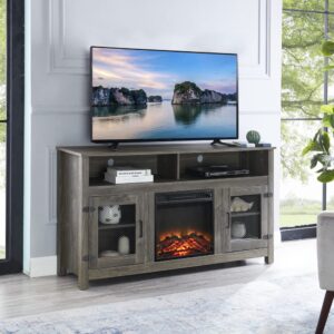 TV Stand with Electric Fireplace Modern Farmhouse, Fit up to 65" Flat Screen TV with Storage Cabinet and Adjustable Shelves Industrial Entertainment Center for Living Room, Grey