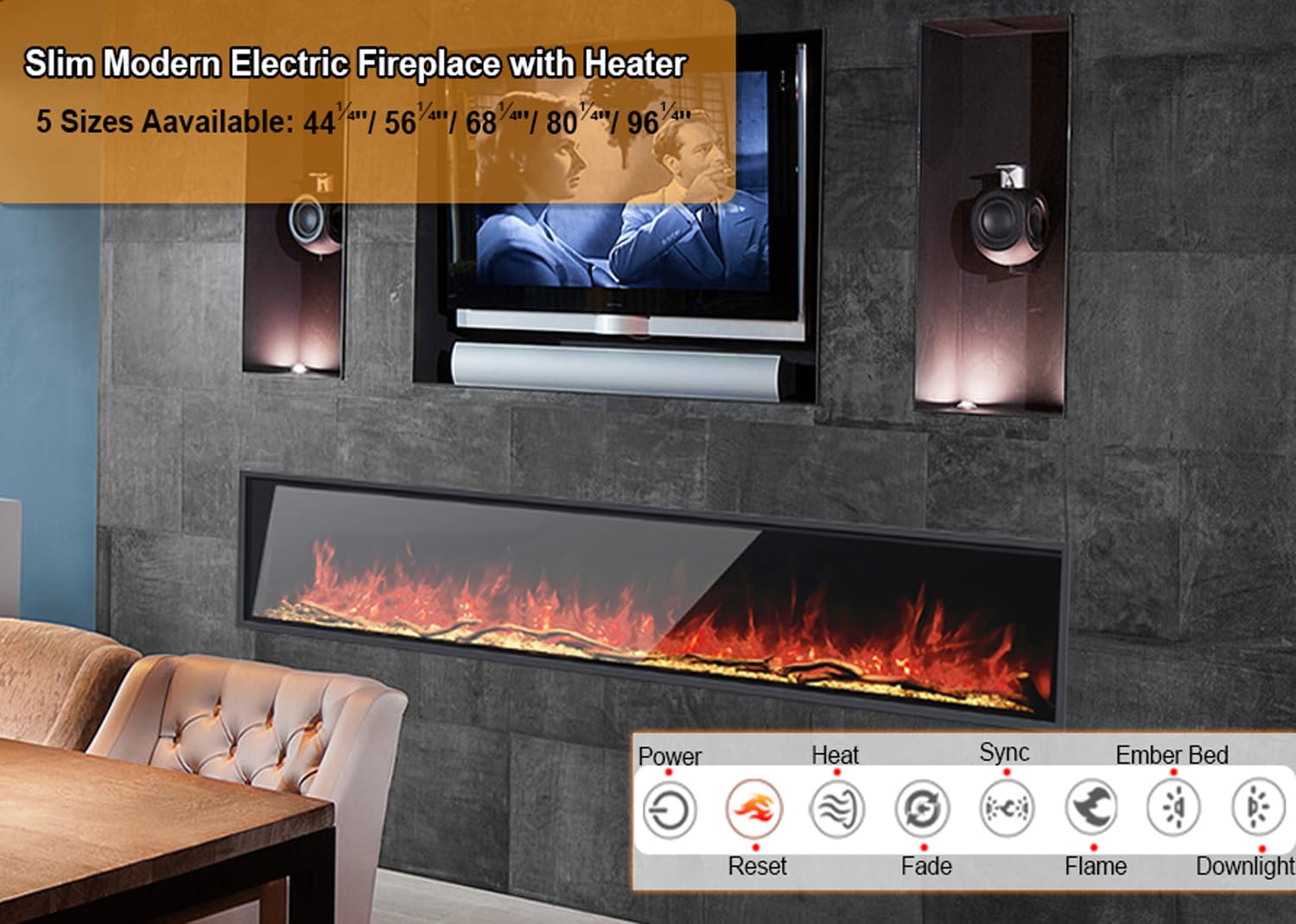 Electric Fireplace Heater 96" WiFi -Enabled Built-in Recessed Fireplace Unit with 251 Realistic Flame Color Combinations, Single-Sided 1500/750 Watt Heat Fire Place Insert Linear (44" Slim)