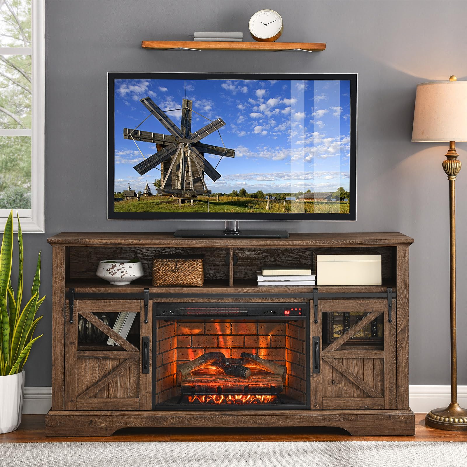 VZADGWA Farmhouse TV Stand with Electric Fireplace for 60" 65" 70” TV, Industrial Sliding Barn Doors TV Cabinet with Storage Media Entertainment Center for Living Room, CSA/UL Certified, Brown