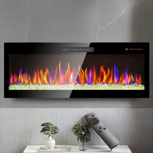 60 inch ultra-thin electric fireplace, recessed and wall mounted fireplace, led light heater with remote control, tempered glass front electric fireplace with multi color flame & emberbed (60 inch)