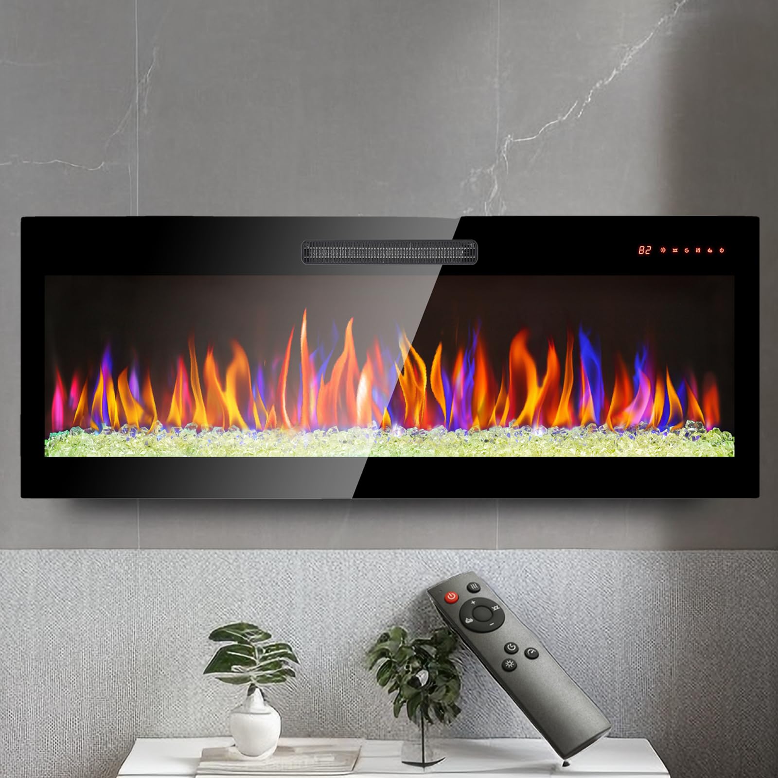 60 Inch Ultra-Thin Electric Fireplace, Recessed and Wall Mounted Fireplace, LED Light Heater with Remote Control, Tempered Glass Front Electric Fireplace with Multi Color Flame & Emberbed (60 inch)