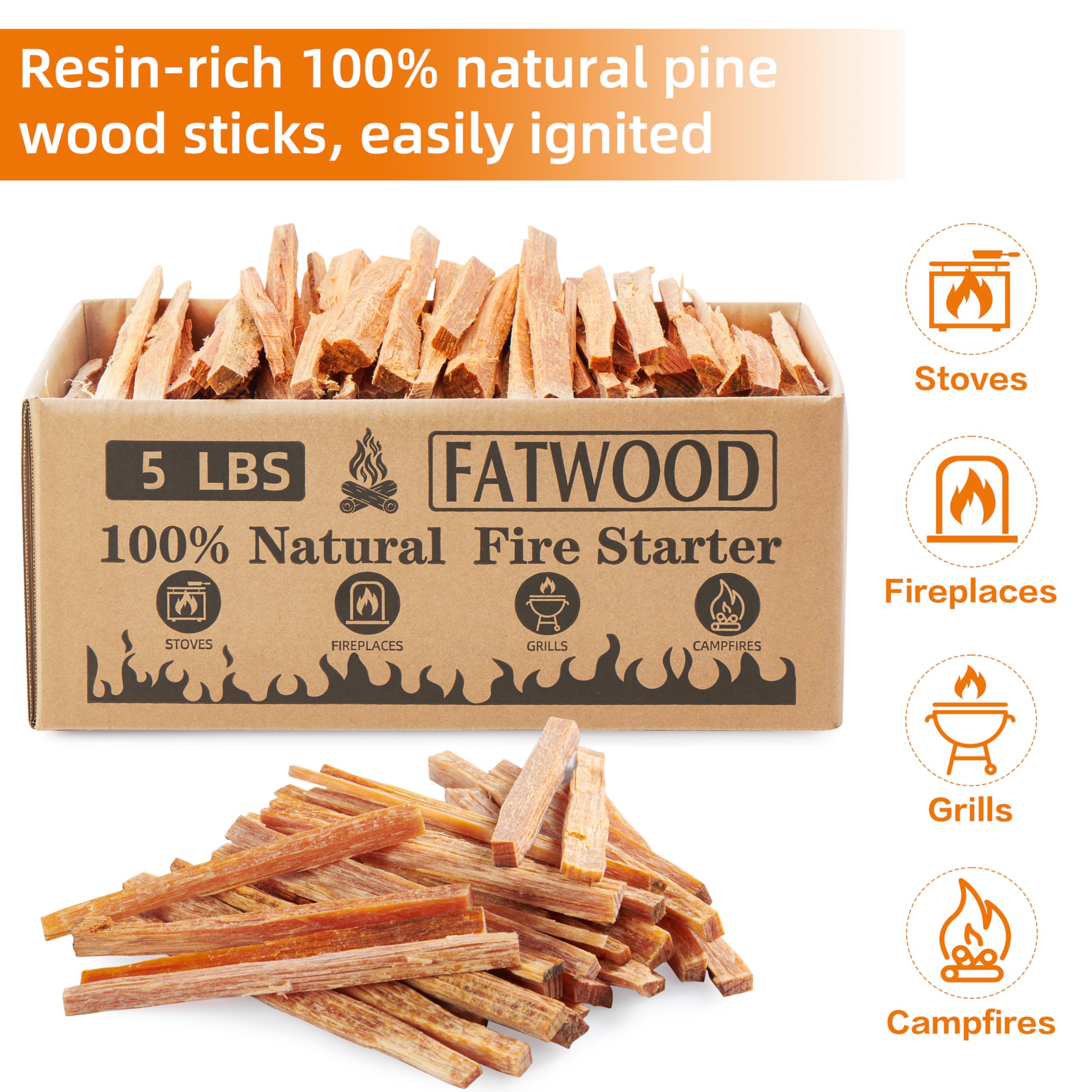 5 lbs Fatwood Fire Starter Sticks, 100% Natural Kindling Firewood Firestarter for Stoves, Pine Wood for Fireplaces, Campfires, Bonfires, Grill