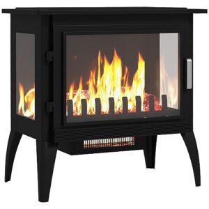 24" Electric Fireplace Heater, Freestanding Fireplace Stove, Realistic LED Flames, Adjustable Brightness, Overheating Safe Protection, Black